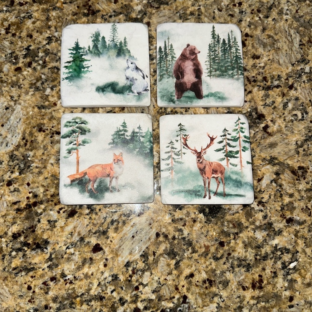 Vintage Forest Wildlife Ceramic Coaster Set - Bear, Elk, Fox, Rabbit